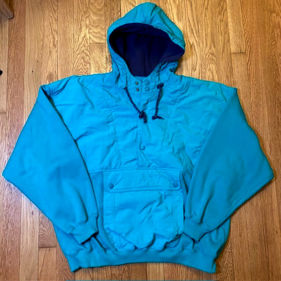 Vintage EDDIE BAUER Size M Teal Pullover Hooded Bomber Anorak Jacket 80s 90s - Picture 1 of 12